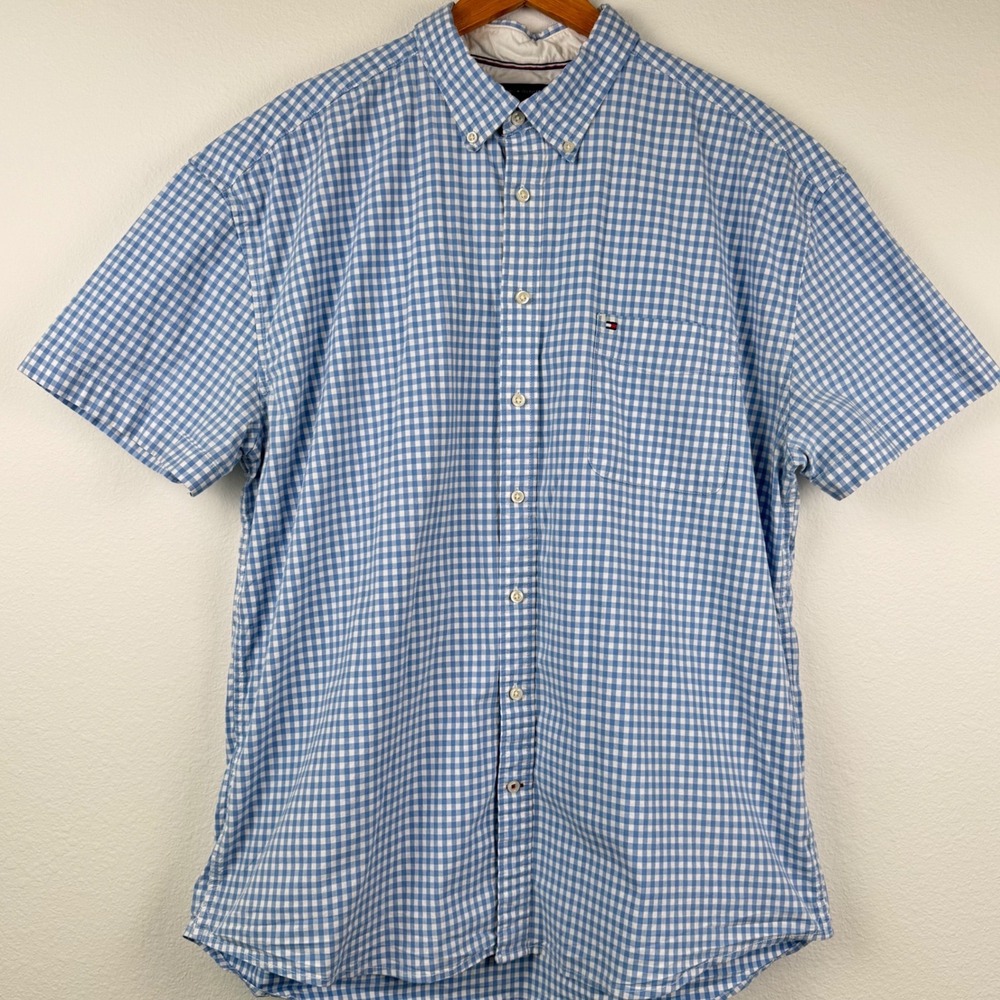 Tommy‎ Hilfiger Button Down Mens XXL Blue Excellent Gingham Classic Casual Shirt